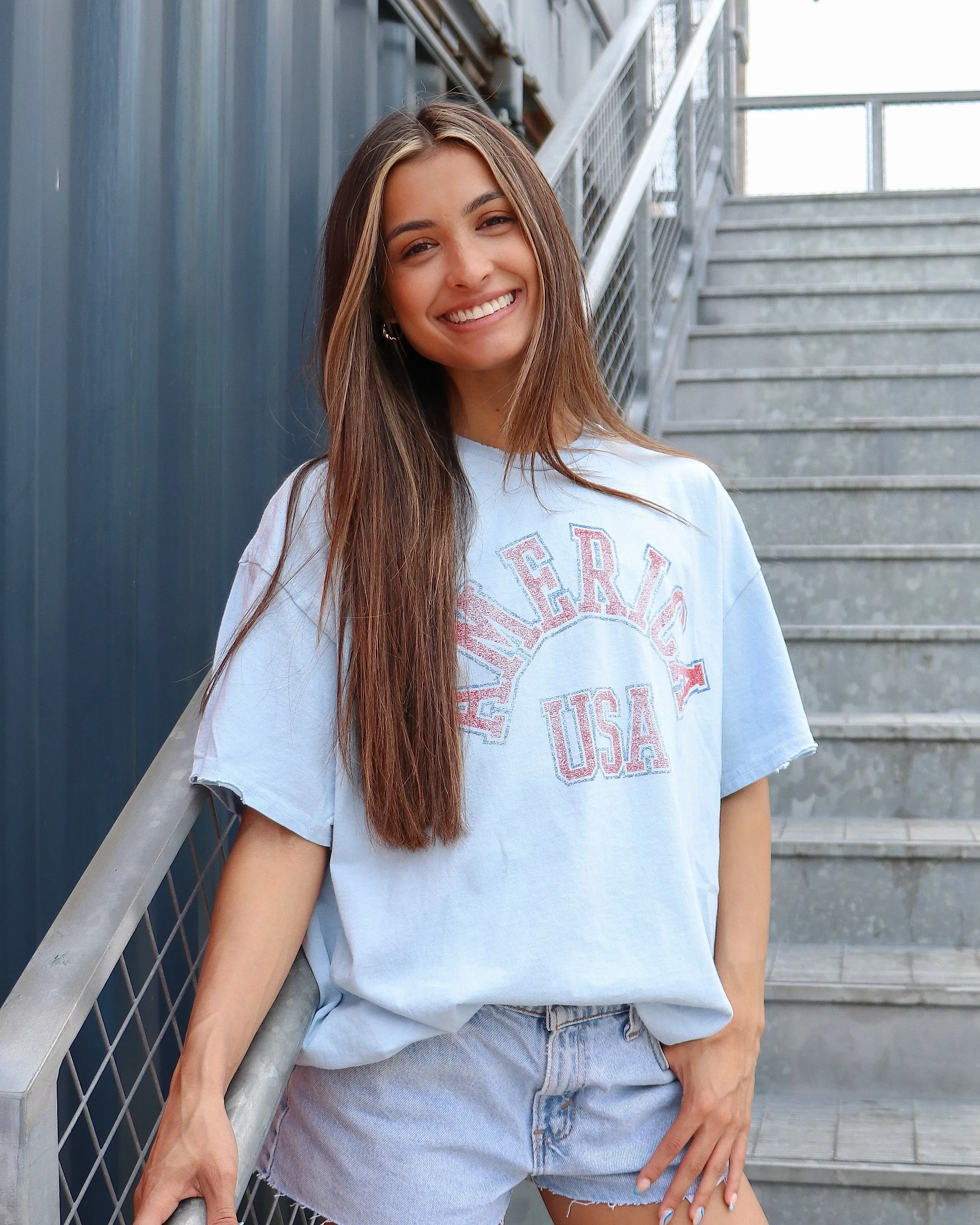 USA Mega Arch Light Blue Thrifted Tee
