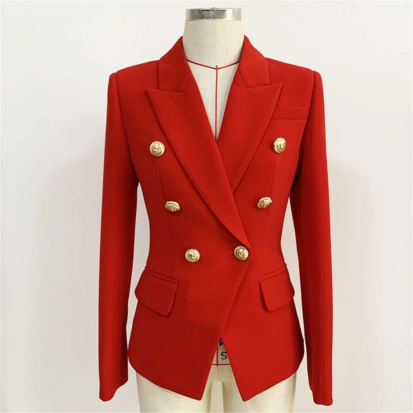 Women's Luxury Fitted Blazer Golden Lion Buttons Coat red